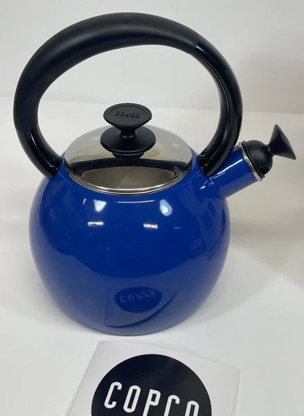 NOS COPCO CAMDEN 2QT BLUE ENAMEL WHISTLING TEA KETTLE POT