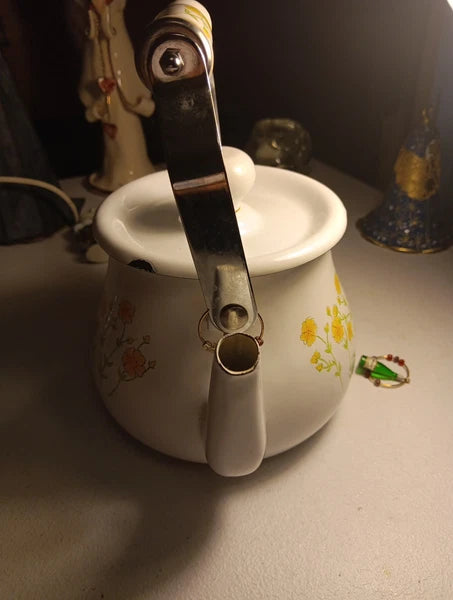 Enamelware Teapot White With Yellow Floral Design