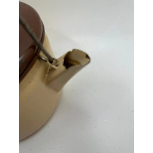 Vintage Tan and Brown Lid Enamelware Teapot