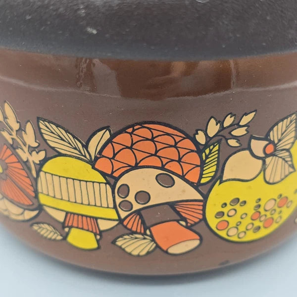 Vintage 70's Mushroom & Fruit Enamelware Brown Tea Kettle With Lid & Handle