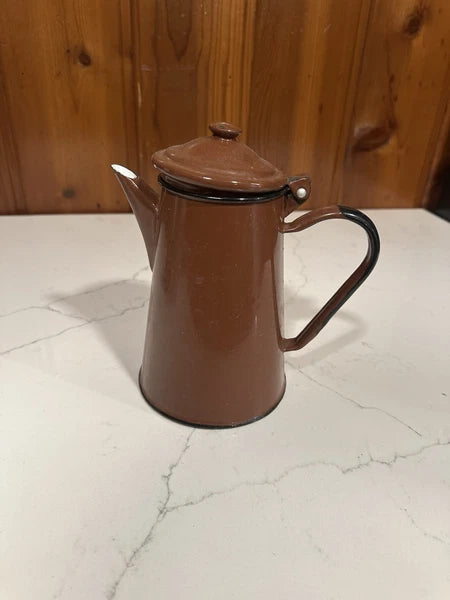 VINTAGE Old metal Enameled brown teapot from the 70s