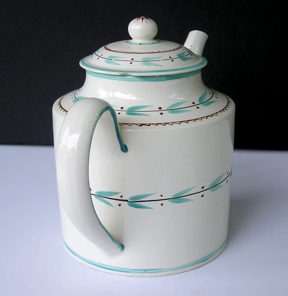Rare Antique Staffordshire Creamware Teapot with Teal & Brown Enamel Decoration