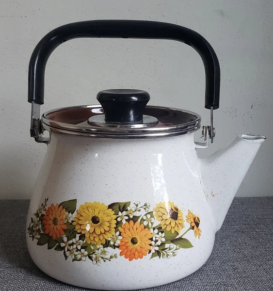 Tea Pot Vintage Old  Enamel Porcelain Tea Kettle