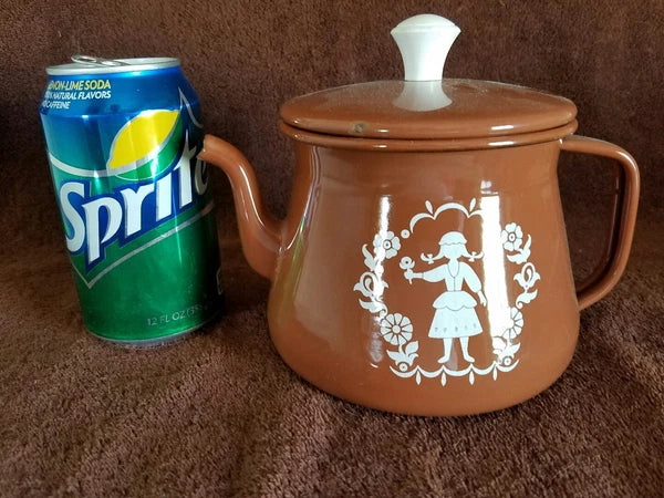 Vintage Enamelware Teapot Kettle;Coffee Brown & White
