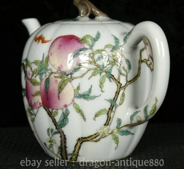 6.2" Old China Qianlong Marked Colour Enamel Porcelain Fushou Bat Peach Teapot