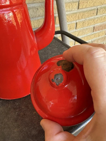 Enamel Red Coffee Pot Hand Tea Kettle With Sugar And Creamer Signs Of Wear
