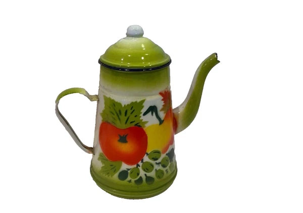 Vintage 1960s  Enamelware Coffee Teapot Painted Fruit Gooseberry & Peaches 8”