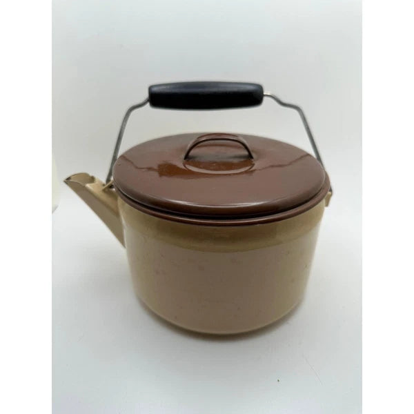Vintage Tan and Brown Lid Enamelware Teapot