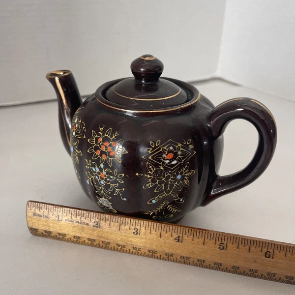 Brown Betty Redware Teapot Moriage Enamel Hand-Painted Mini Japan Vintage 4.5”