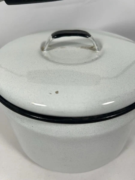 Vintage Enamelware Lidded TeaPot White w/ Black Trim, Wood Handle Farmhouse