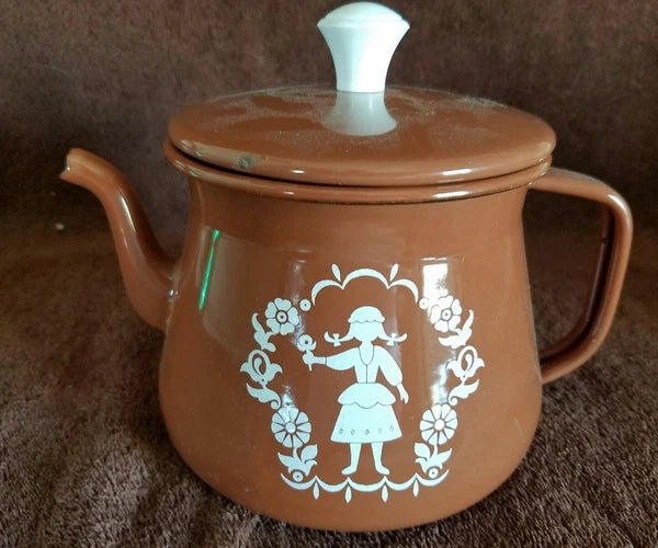 Vintage Enamelware Teapot Kettle;Coffee Brown & White