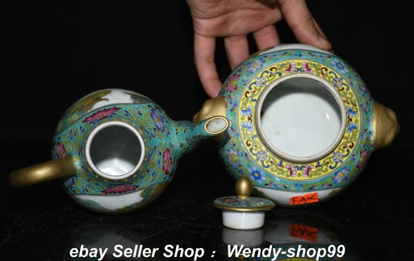 8.6" Qianlong Enamel Color Porcelain Gilt landscape Gourd Wine Pot Teapot