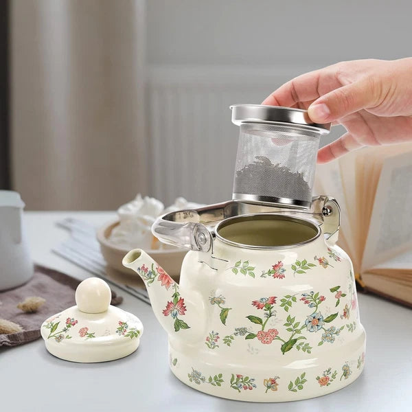 Elegant 1.8L Enamel Teapot - Retro Green Floral Design for Home and Camping