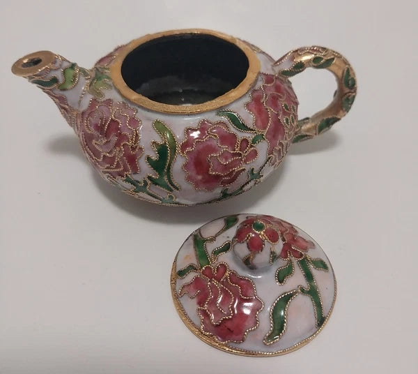 Miniature Floral Enamel Cloisonné Teapot Pink/Mauve Flowers