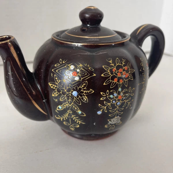 Brown Betty Redware Teapot Moriage Enamel Hand-Painted Mini Japan Vintage 4.5”