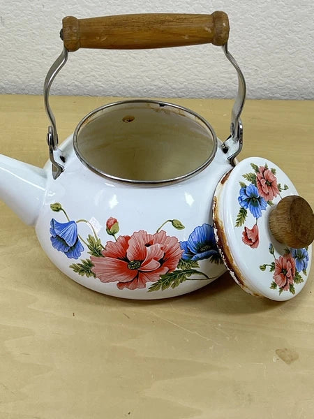 vtg 1983 Enamel Dogwood Tea Pot Kettle Gailstyn-Sutton Cottagecore
