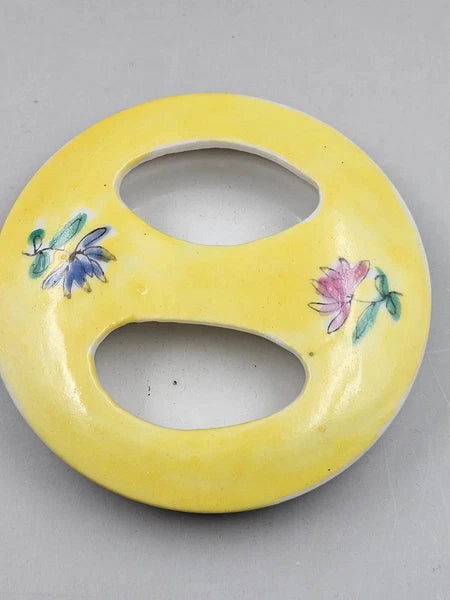 Vintage Asian Inspired Teapot with Flat Lid & Wire Handles Floral On Yellow