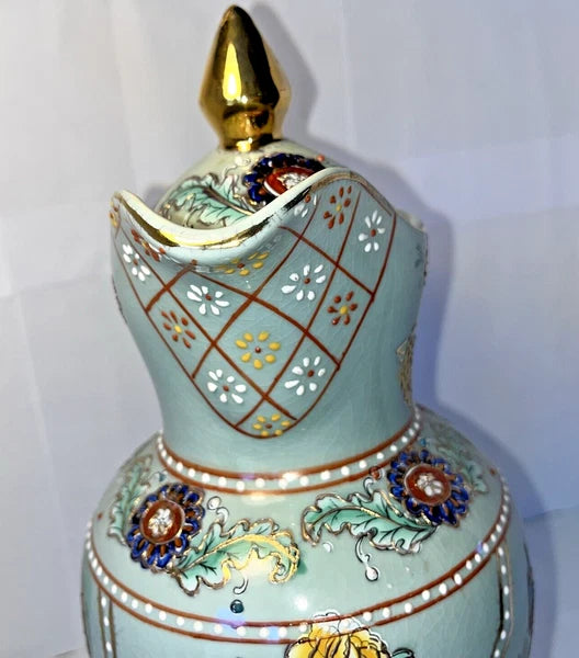 Tall Porcelain Carafe Chocolate Pot Pitcher & Lid Enamel Gold Accents Victorian
