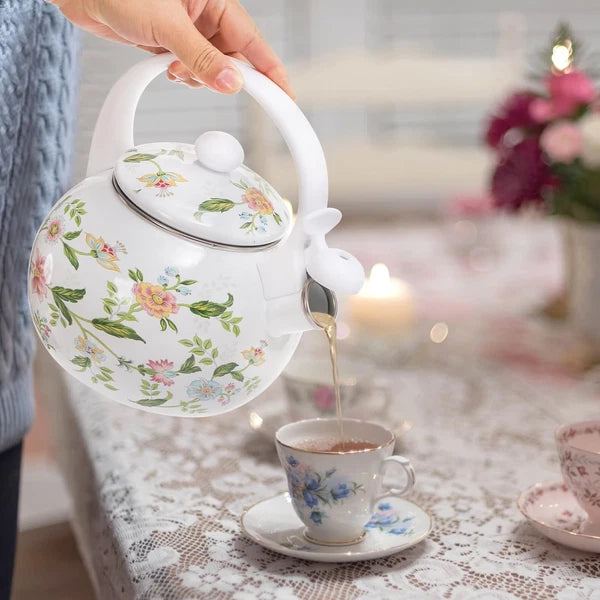 2.3 Quart Vintage Enamel Tea Kettle, Whistling Tea Kettle for Stove Top, Flor...