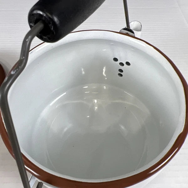 Vintage White Brown Enamel Tea Kettle Colombian Terre Haute IA UNUSED 6cup