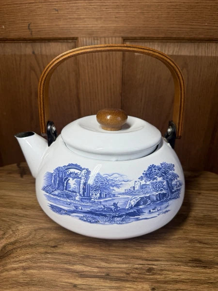 Staffordshire Tea Pot Kettle Enamelware Blue And White Castle Cows Wood Handle