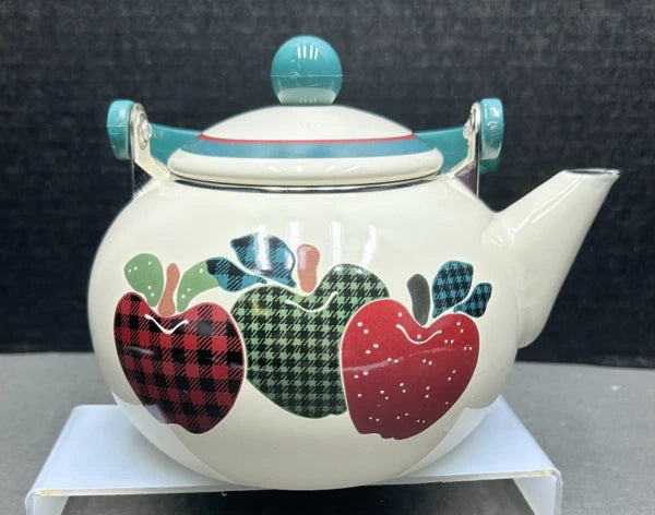 Vintage Apple Themed Enamel Metal Teapot Kettle, Farmhouse, Kitchen, Granny Core