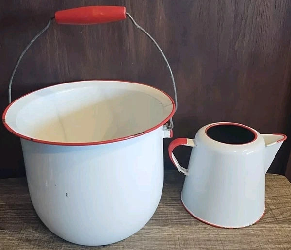 Vintage  Enamelware White w/ Red Trim Large   Pot Handle And Coffee Tea Pot