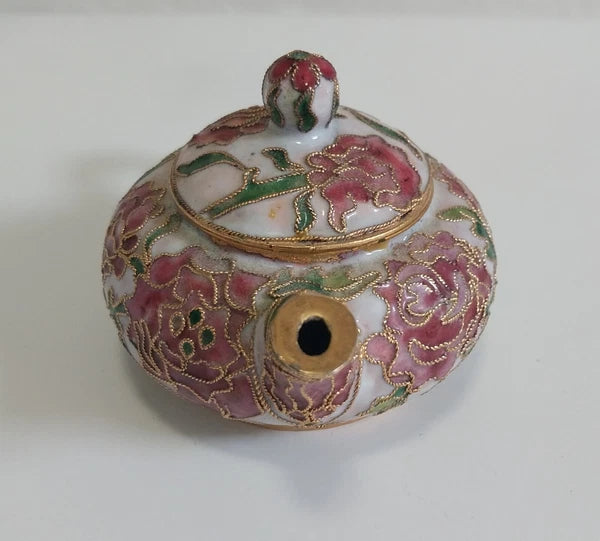 Miniature Floral Enamel Cloisonné Teapot Pink/Mauve Flowers