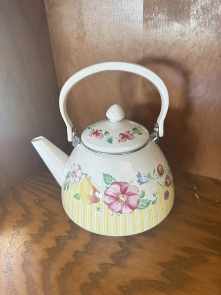 Vintage White Enamel Floral Tea Kettle Teapot Flowers