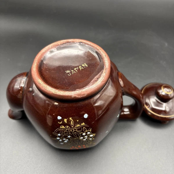 Vintage Redware Teapot Moriage Enamel Hand Painted Japan Brown