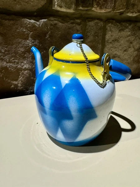 Vintage Antique Enamelware Enamel Yugoslavian Blue Yellow Geometric Teapot