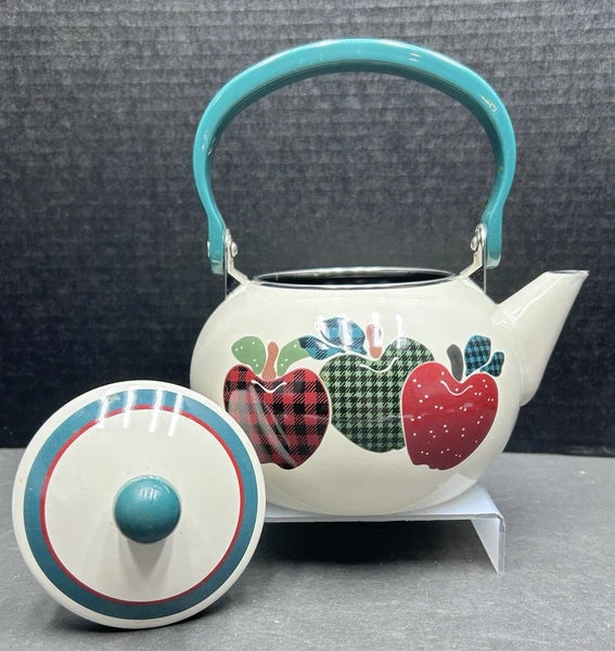 Vintage Apple Themed Enamel Metal Teapot Kettle, Farmhouse, Kitchen, Granny Core