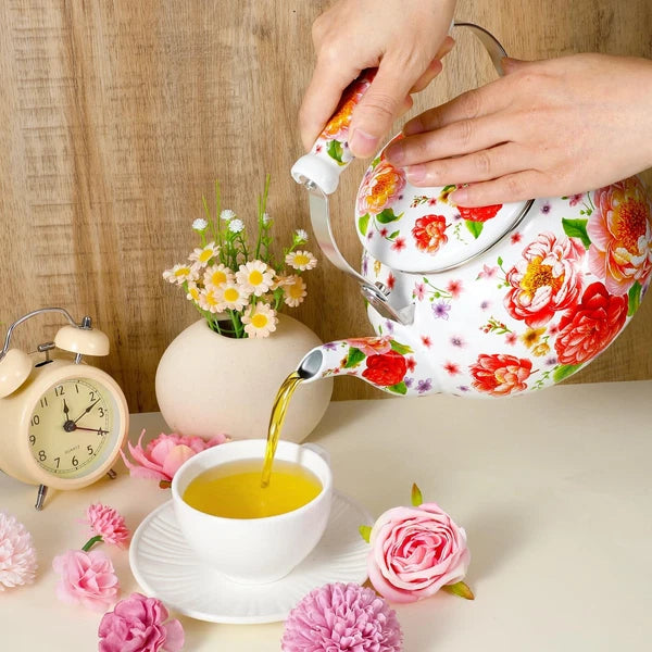 2.6 Quart Floral Enamel Tea Kettle, Vintage Enameled Teapot Stovetop, Enamel ...