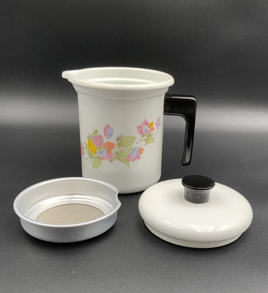 Mid Century Modern Enamelware Floral 3 PC  Tea / Coffee Pot