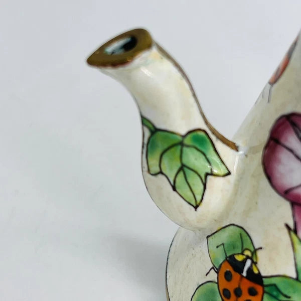 VINTAGE MINI HAND-PAINTED FLORAL LADYBUG METAL ENAMEL/BRASS TEAPOT/WATER CAN