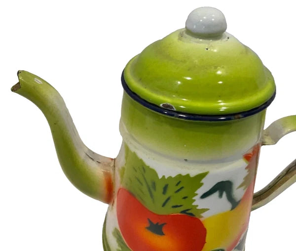 Vintage 1960s  Enamelware Coffee Teapot Painted Fruit Gooseberry & Peaches 8”