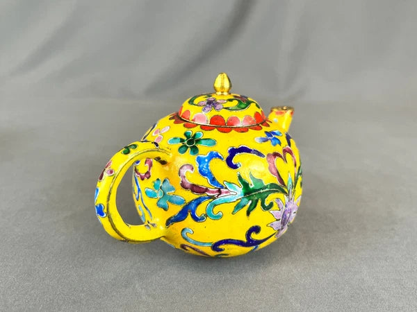 Miniature Chinese Yellow Cloisonné Enamel on Brass Floral 3" Teapot w/ Lid