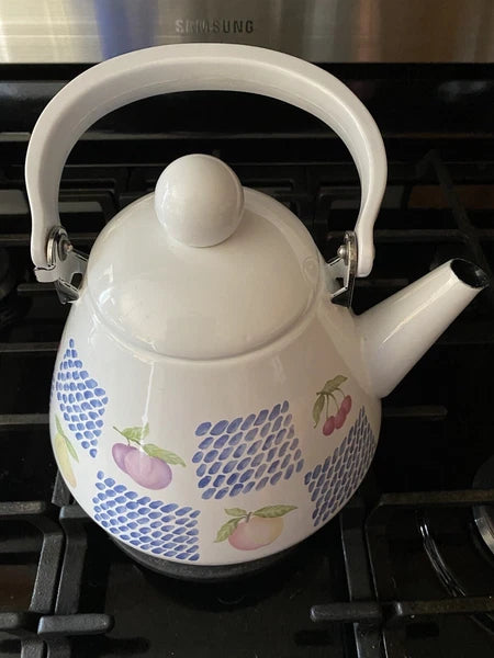 Teapot White Enamel Fruit Pear Cherries Plum Peach Blue 2 Qt Tea Pot