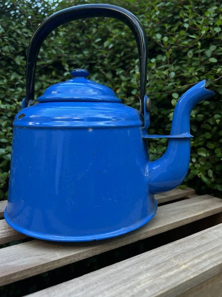 VTG Blue Enamelware Teapot Kettle Farmhouse Rustic Kitchen Decor Primitive