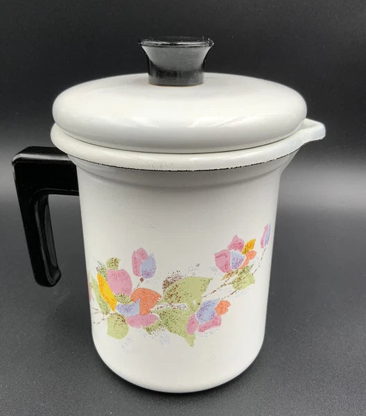 Mid Century Modern Enamelware Floral 3 PC  Tea / Coffee Pot