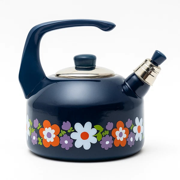 Vtg 1970s Floral MCM Enamel Whistling Tea Kettle
