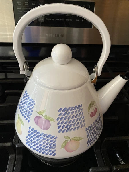 Teapot White Enamel Fruit Pear Cherries Plum Peach Blue 2 Qt Tea Pot