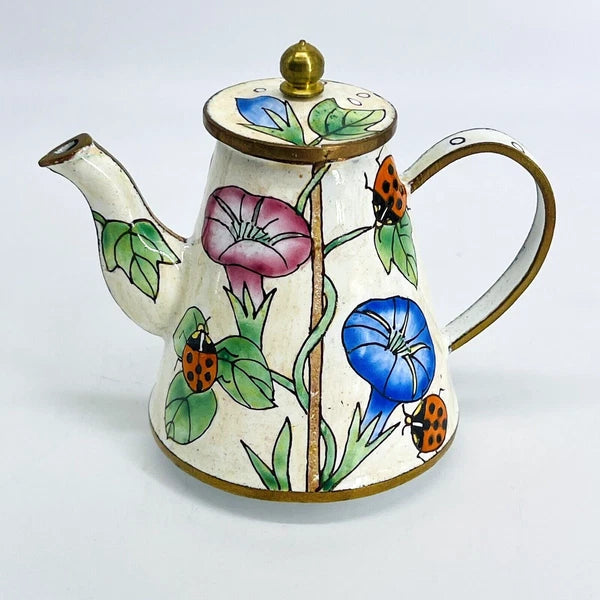 VINTAGE MINI HAND-PAINTED FLORAL LADYBUG METAL ENAMEL/BRASS TEAPOT/WATER CAN