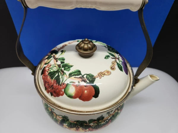 Tabletops Unlimited Vitroceramic Tea Pot With Lid Enamel Fruit Pattern