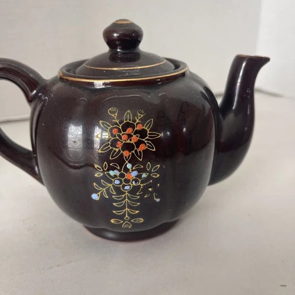 Brown Betty Redware Teapot Moriage Enamel Hand-Painted Mini Japan Vintage 4.5”