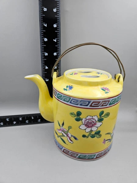 Vintage Asian Inspired Teapot with Flat Lid & Wire Handles Floral On Yellow
