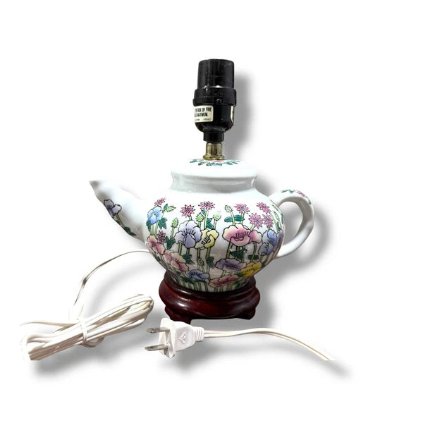 Teapot Table Lamp Floral Enamel Ceramic Wood Base Electric Vintage  8.25 X 8.75"