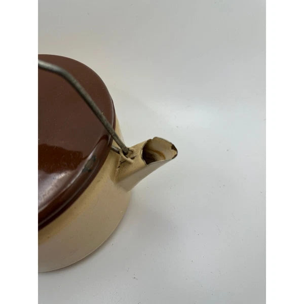 Vintage Tan and Brown Lid Enamelware Teapot