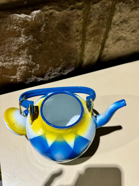Vintage Antique Enamelware Enamel Yugoslavian Blue Yellow Geometric Teapot