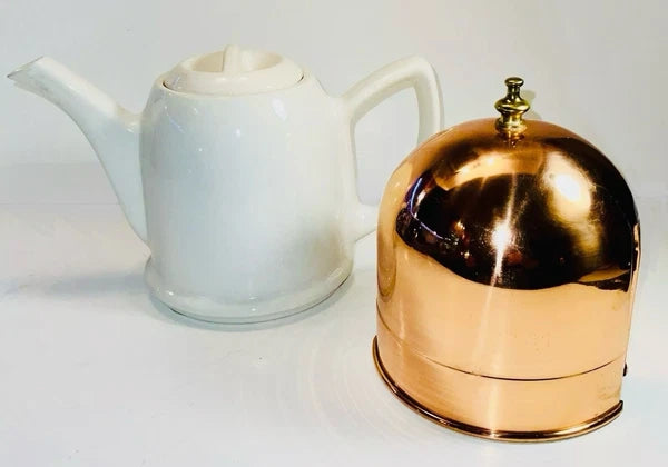 The  Cooks Bazaar  Copper Insulated Covered White Ceramic Tea Pot Kettle